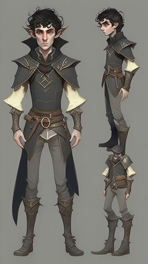 turnaround character of a young man elf, he has curly, black hair and sharp cheekbones. His eyes are black. pale skin. He wears fantasy medieval clothes. full body with boots