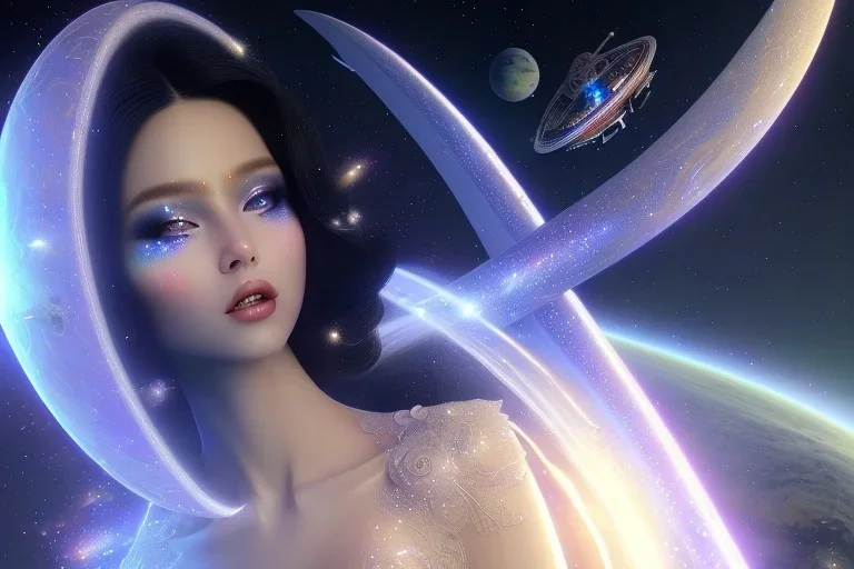  beautiful cosmic woman, long black hair, nice smiling, magic glamour make up, delicate colors, beautiful glamour galactique dress, ultra sharp focus, 8k, unreal engine 5, extremely sharp detail, light effect, soft light atmosphere of a spaceship, smooth, full of details, face in front, complete vision of face and hair and body