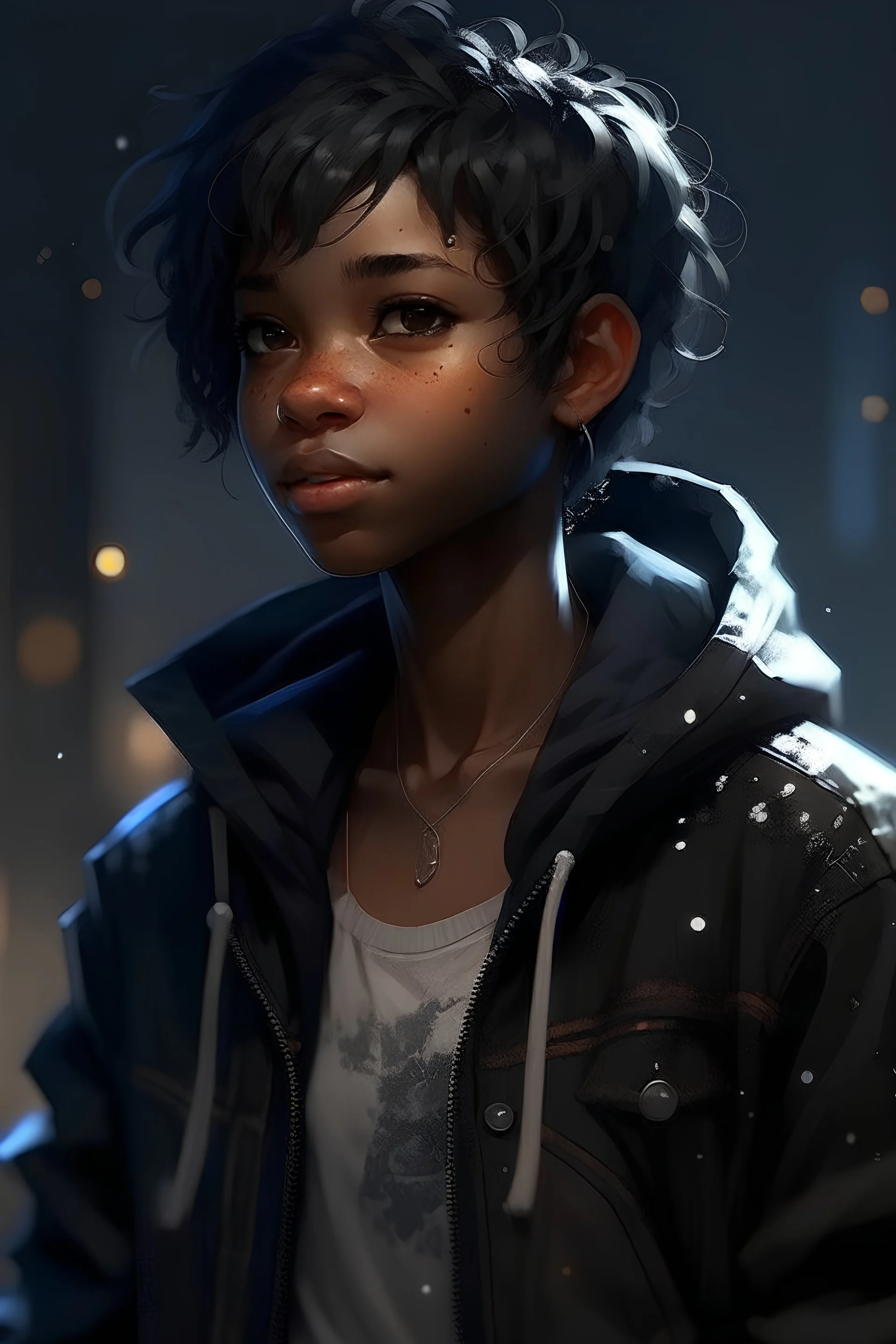 Nineteen year old black girl with short hairs, with a jacket and rock clothes style, from head to toe, best quality, digital painting, 4k, sharp focus, intricate texture, skin imperfections, blank background. , interactive novel style,bokeh, professional, anime clean drawing,Your Name, 4k, highly detailed, clear lighting,