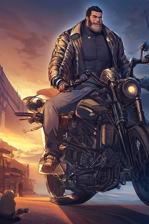 Clean cut thin asian man in a motorcycle jacket on a strange planet looking at the sunset