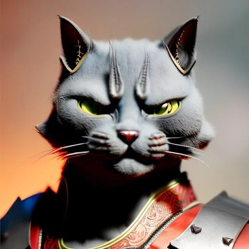 Character design, anthropomorphic cat dressed as a Shaolin, dark, evil, furious, epic, intricate details, finely detailed armor, silver, golden