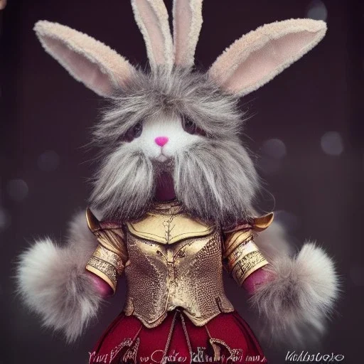 bunny, high ornamented light armor, fluffy fur, foggy, wet, stormy, 70mm, cinematic, highly detailed