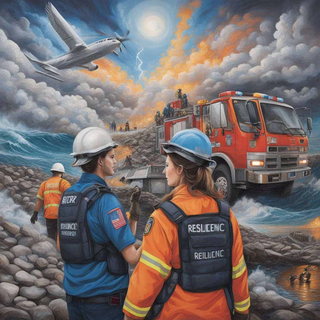 **Content Art:** A powerful mural depicting the collaborative efforts of emergency responders, aid workers, and local communities in the aftermath of a devastating storm, with a central focus on the theme of resilience and unity. **Appearance:** Gender neutral art ideas encapsulating the essence/elements of relief measures, rescue operations, and the importance of upholding the core values of humanitarian and civilian laws before/after the effects of typhoons, cyclones, tornadoes, and hurricanes