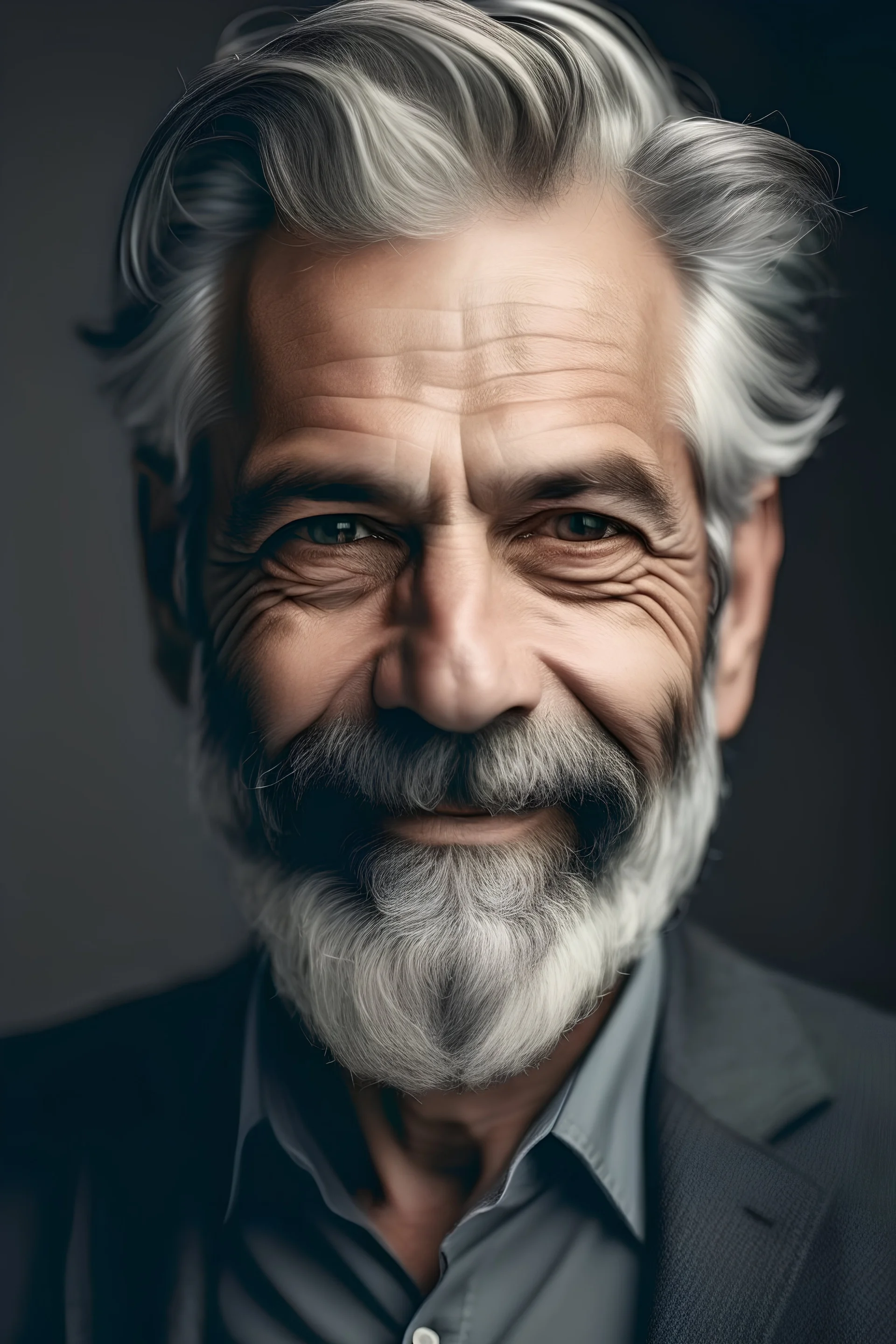 attractive man near 50 with greyish beard and hair elegant portrait