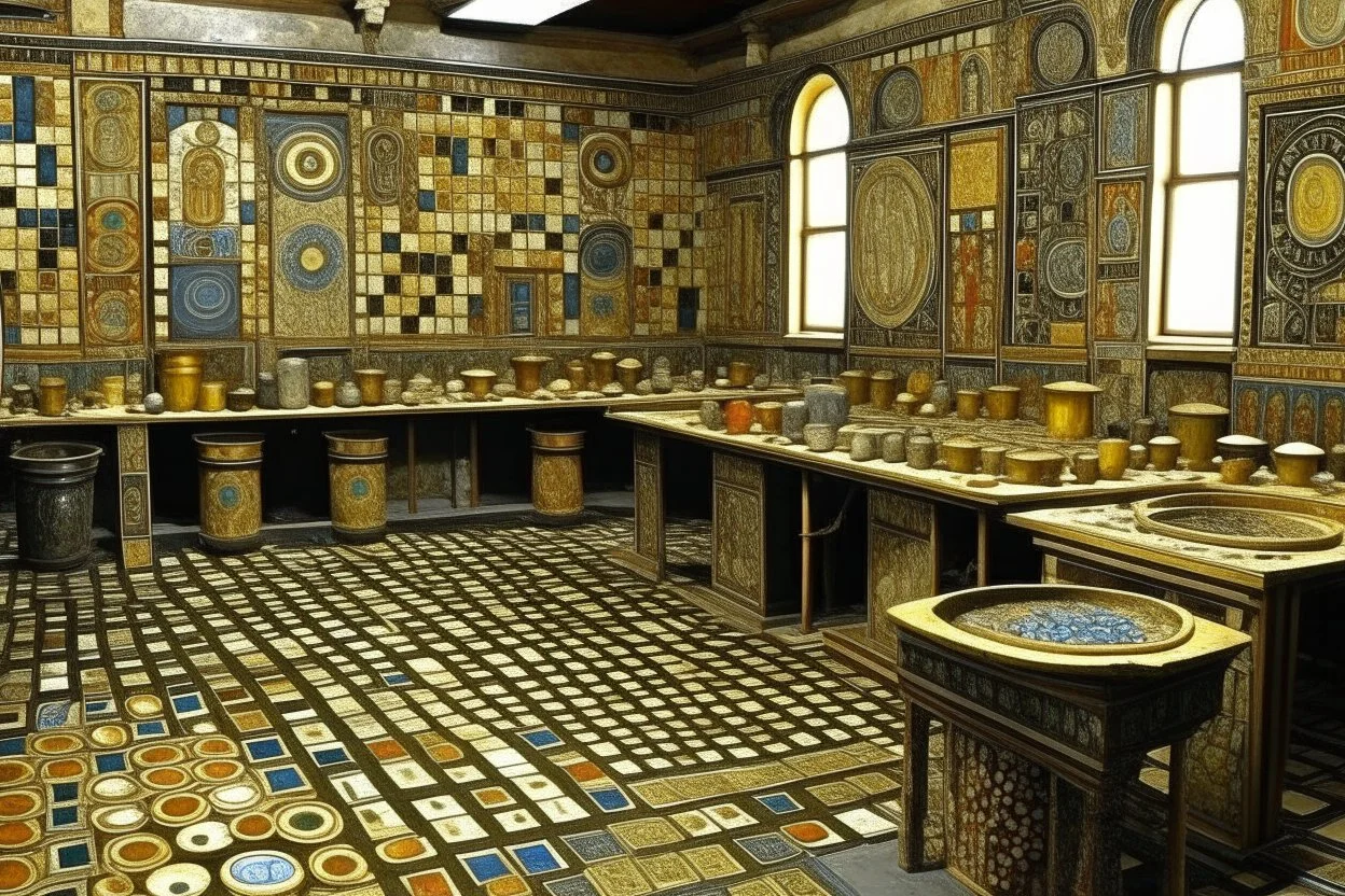 A silver factory filled with pipes designed in ancient Greek and Roman mosaics painted by Gustav Klimt