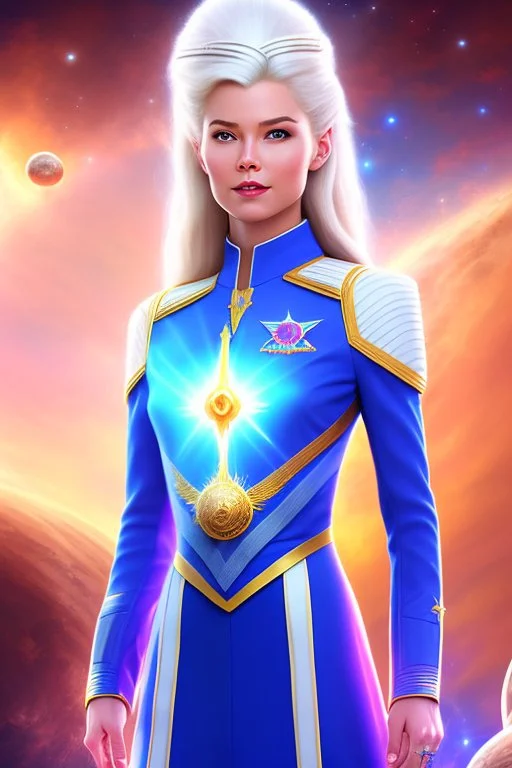 young cosmic woman admiral from the future, one fine whole face, large cosmic forehead, crystalline skin, expressive blue eyes, blue hair, smiling lips, very nice smile, costume pleiadian,rainbow ufo Beautiful tall woman pleiadian Galactic commander, ship, perfect datailed golden galactic suit, high rank, long blond hair, hand whit five perfect detailed finger, amazing big blue eyes, smilling mouth, high drfinition lips, cosmic happiness, bright colors, blue, pink, gold, jewels, realistic, real