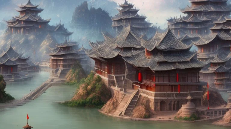 ancient, fantasy, chinese town, dune, crater, sand strom, destroyed chinese houses