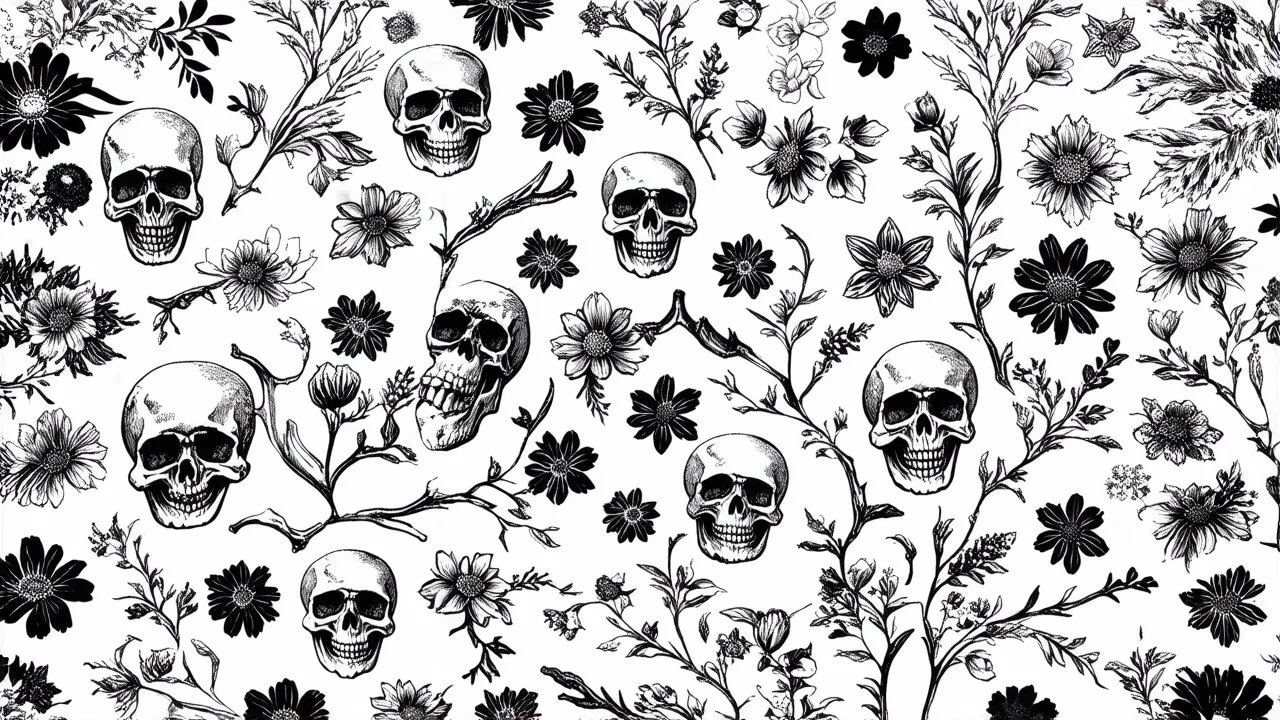 tracery of flowers, bones and skulls, black and white, Maximum minimalism