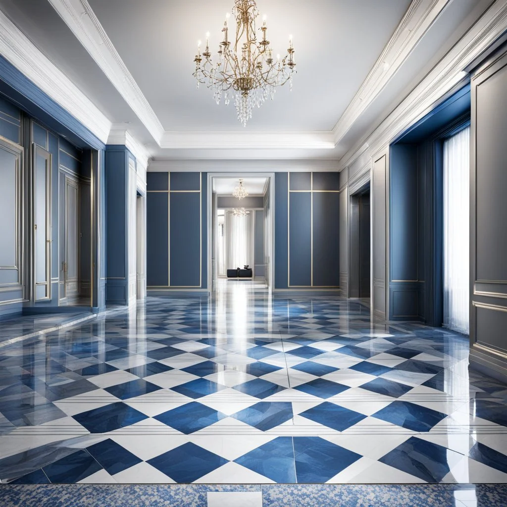 luxury hall ,tiled blue and gray large floor,