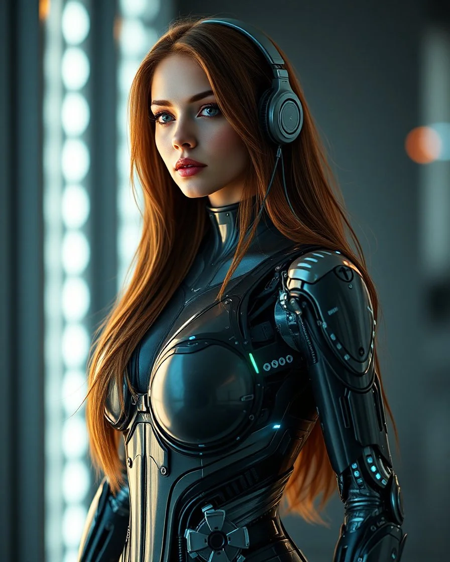 Full body Beautiful woman super model brown long hair wearing earphones science fiction style humanoid half with full body cyborg mechanicals and cybernetics lights,she on standing sweet pose