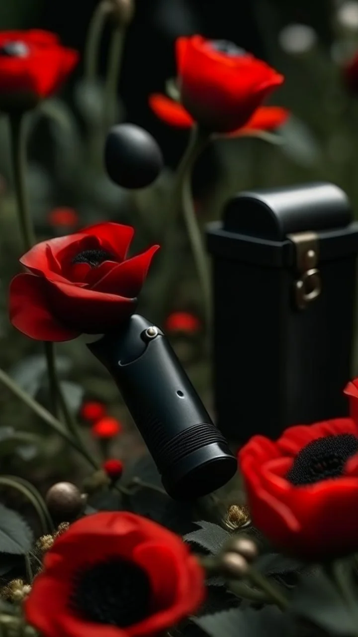 A small wooden hammer near a black pistol, a black leather glove and red lipstick in a dark garden filled with red poppies.Cinematic and realistic image