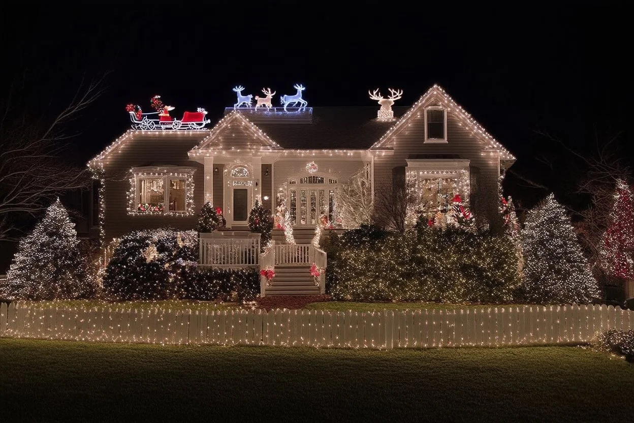 photograph taken by a drone gopro camera of a large suburban house and landscaping and fence with an insanely detailed Christmas light display lit up at night. Christmas lights on everything, Santa's sleigh and reindeer on roof all lit up with individual christmas lights, christmas light on everything to an unbelievable degree, 100,000 individual lights, ridiculous and impossible amount of lights, lights can be seen from space