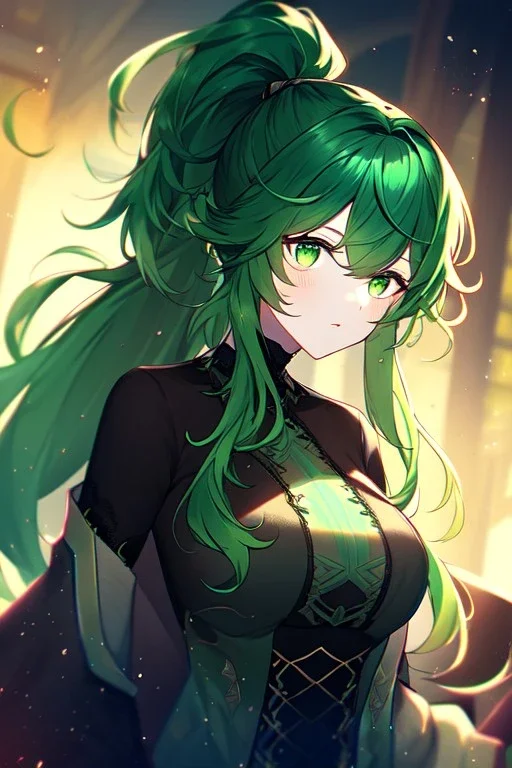 girl, masterpiece, best quality, cinematic lighting, detailed outfit, vibrant colors, perfect eyes, green hair, green eyes, long hair, black stockings, ponytail, messy hair,