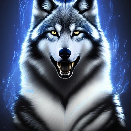 fantasy black wolf with blue flames around him