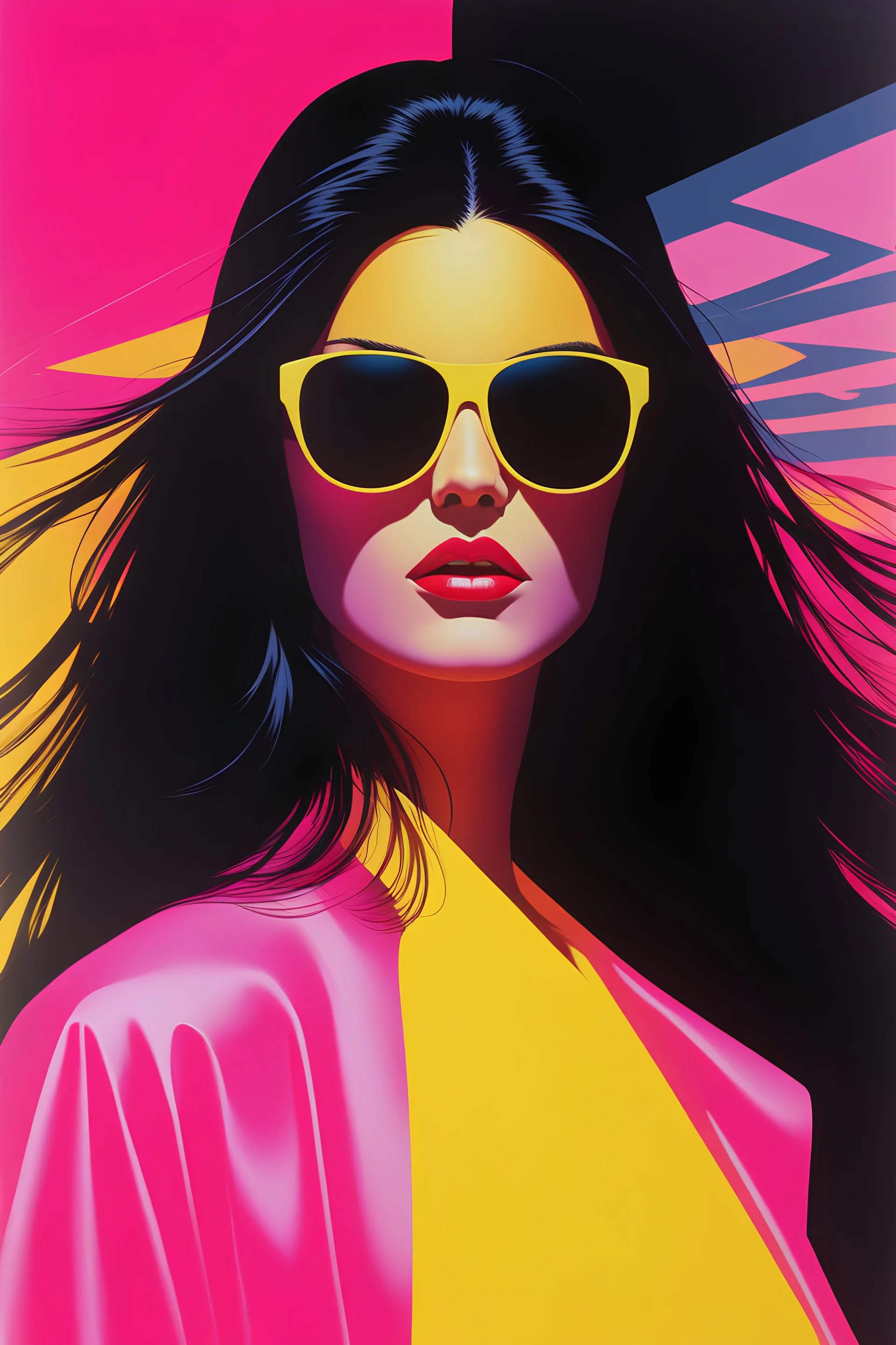 close-up ((head down ((Caroline Munro)) with sunglasses)) - long floating brown hair ((shattered in many ghostly overprinted faces)) of women and men ((surrounding shadow faces)). Misty pink to yellow Dark mood, Oil neon painting Expressionit art ((80's horror poster)), Patrick Nagel, synthwave, Photo realistic.