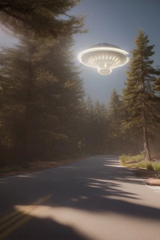 A photorealistic render of a ufo flying over school near pine trees as kids run up to it in wonder