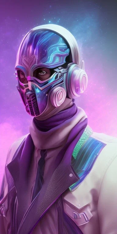 purple galaxy masked super villain, weapons in hands, teal and purple smoke, full portrait, hyper realistic, 4k