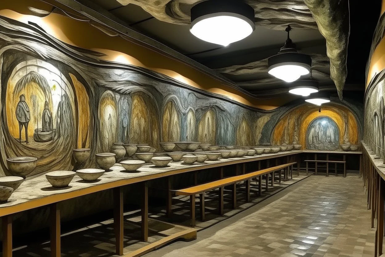 A silver factory filled with pipes designed in cave paintings painted by Vincent van Gogh