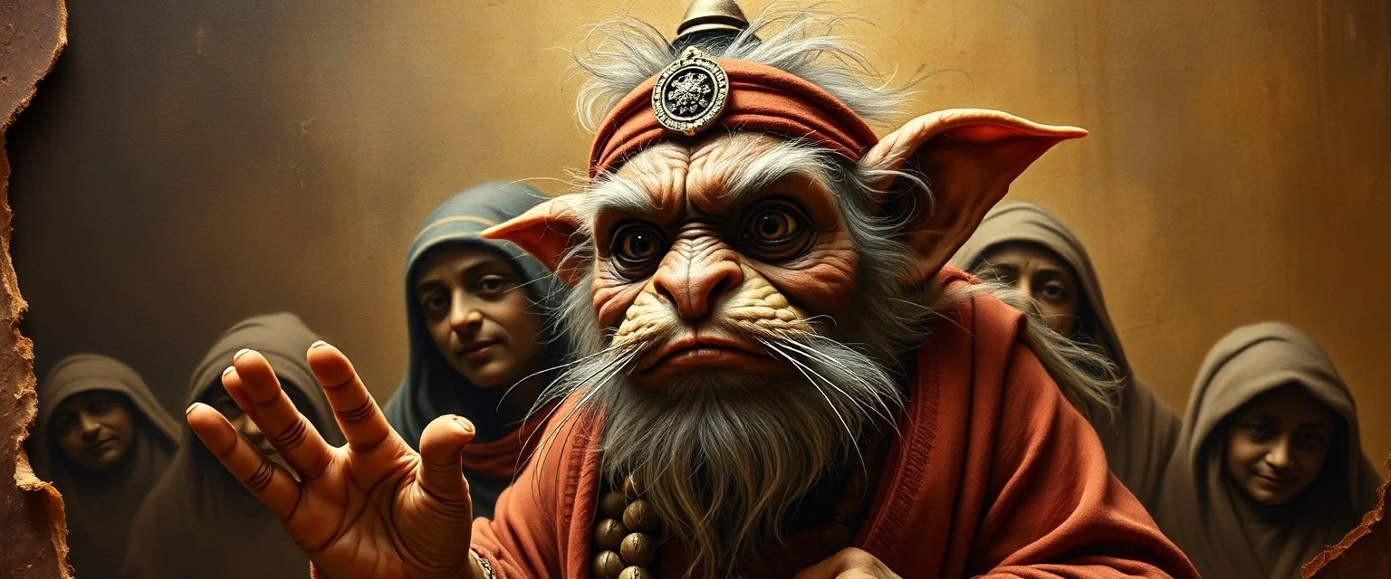 pin hole cam, master oil painting by Rembrandt,ohm ri shi lahkshmi super guru with lots followers looking like a cat troll gremlin yoga guru, brown paper with rolled up burnt edges, he just heard something peculiar