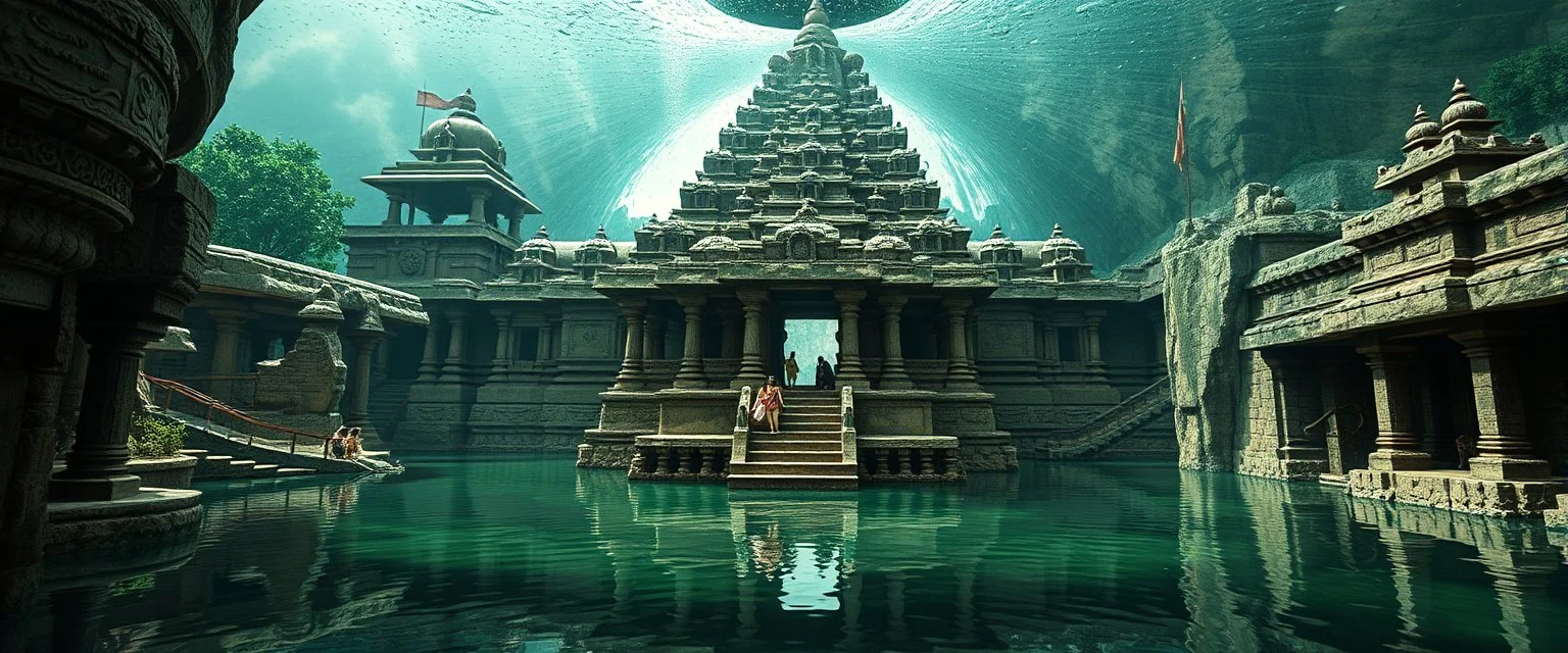 hindi stone temple with see thru water mega tube lift system with people inside by pyramid
