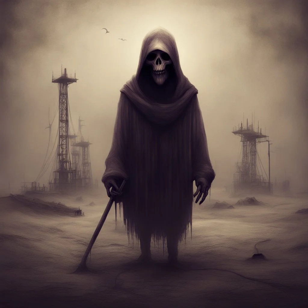 A reaper on the oilfields make for your shallow grave, wrap you in a flag and forget your name, by Anton Semenov, by Stephen Gammell, by Victor Pasmore, Westerngaze album cover illustration, scary sepia and purple complimentary shades, octane render, by Wes Benscoter, gritty, weird, volumetric lighting, abstract images