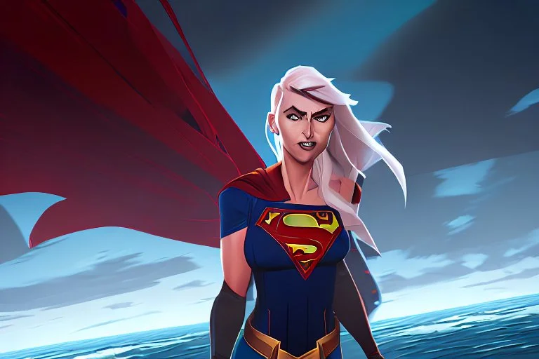 Supergirl smashing throught the hull of a sea ship.