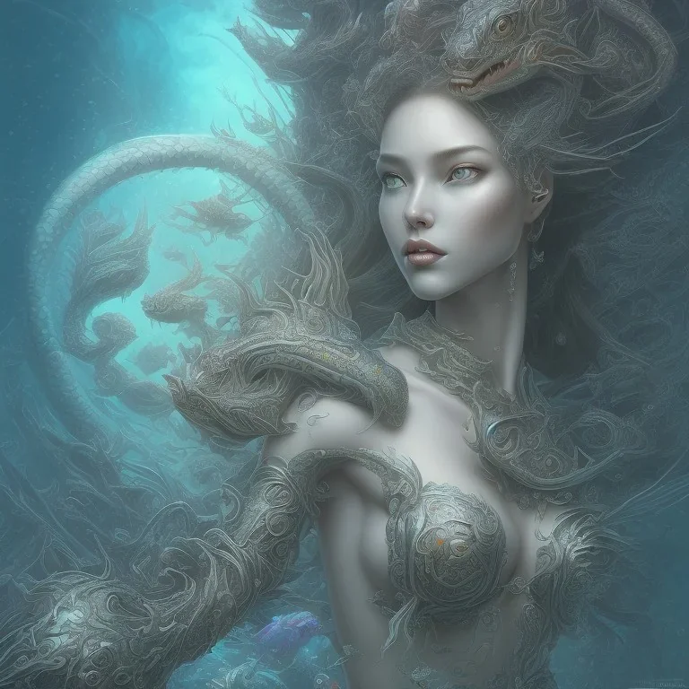 sango fantasy, fantasy magic, intricate, sharp focus, illustration, highly detailed, digital painting, concept art, matte, artgerm and paul lewin and kehinde wiley, masterpiece sexy lips Asian afro lips black African lady body mermaid Dragon fish head blue space lady sea under water mermaid seaweed pyramid sun moon