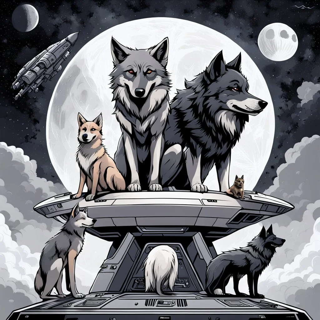 digital art front in picture an of little dark dog like creature stands and looking an anthropomorphic wolf couple sitting on the spaceship's ramp close together, the pale gray female wolf sits behind strong male wolf and puts one paw on the dark gray wolfman's shoulder, raini day, on ramp a little piece of meat lies down, high contrast, high detalied, high realistic, in background detail of an angular spaceship. Rain, The atmosphere is a seamless blend of sci-fi, dark fantasy