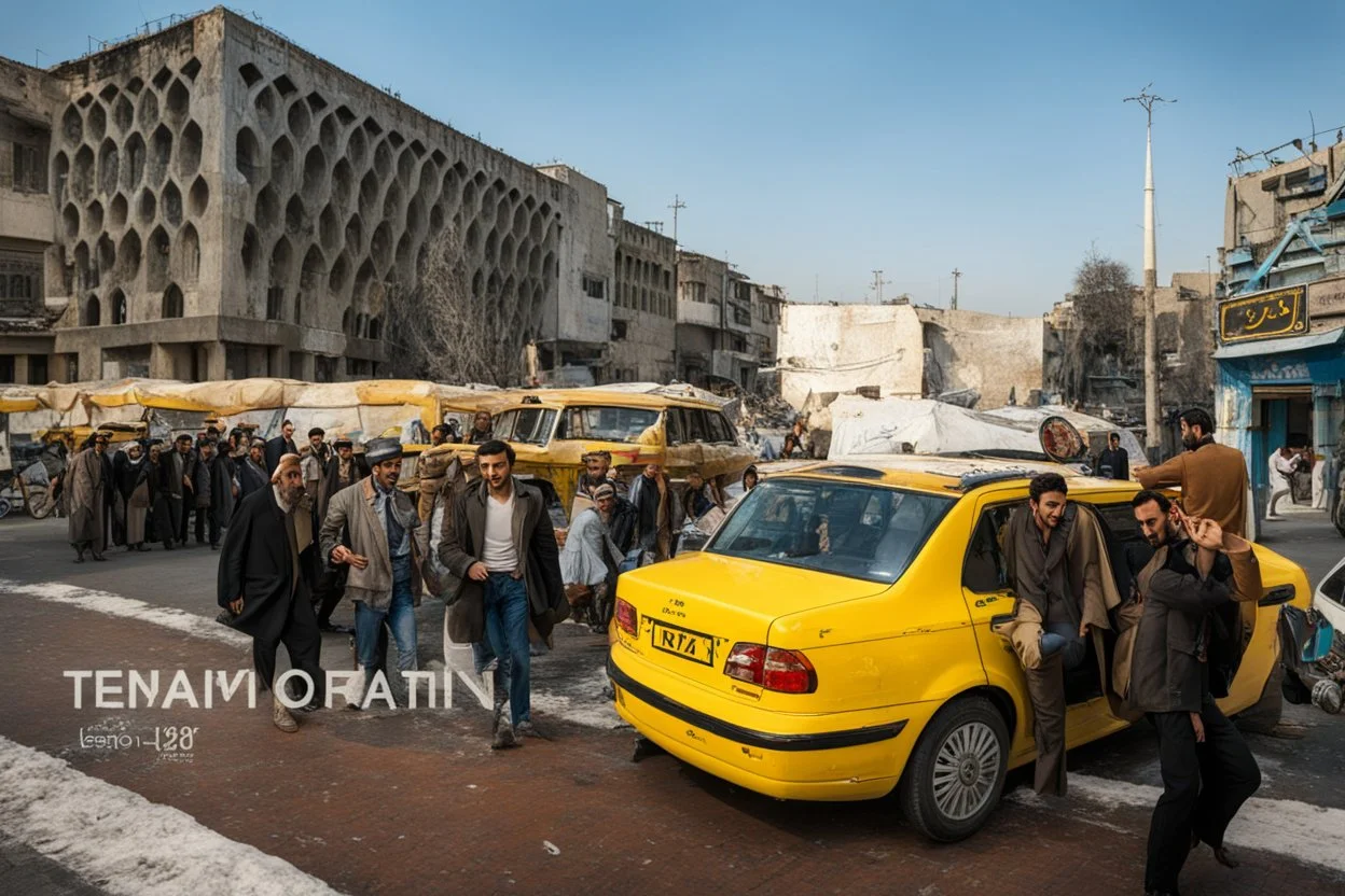 men models in a street in Tehran with a taxi