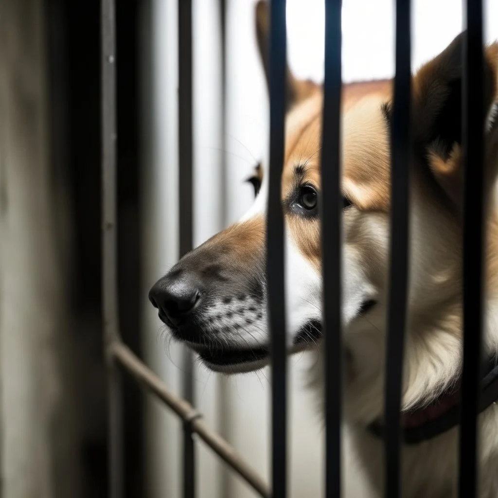 a dog in the prison and the dog is crying