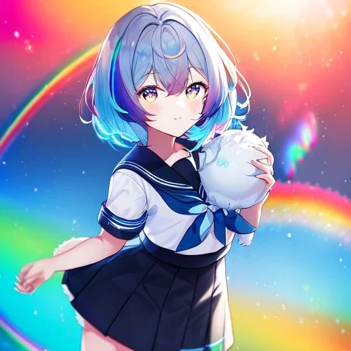 Clear focus,High resolution, Black and Rainbow short fluffy hair, and rainbow eyes, wearing a sailor uniform, must wear a short skirt with a horizontal line