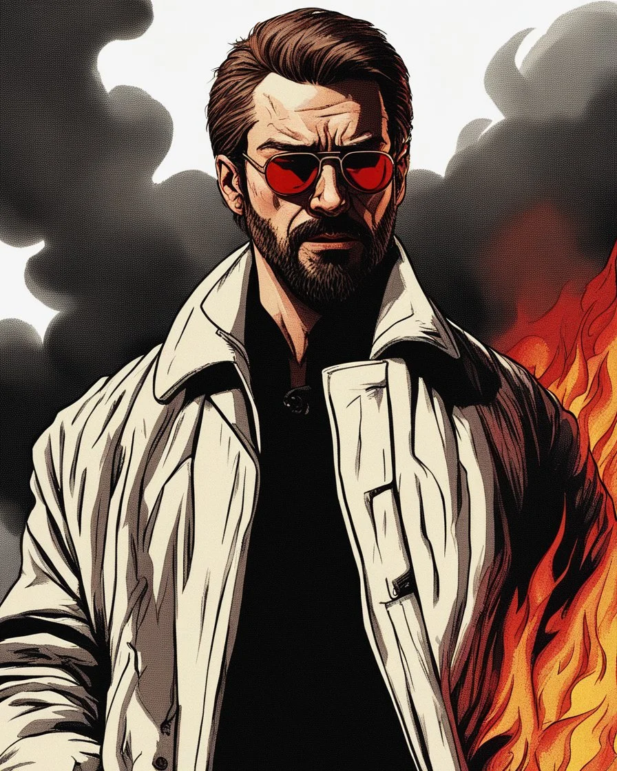 a young man with big muscles who looks like hans gruber wearing a heavy coat and red sunglasses staring with an irritated look on his face standing in front of a large fire