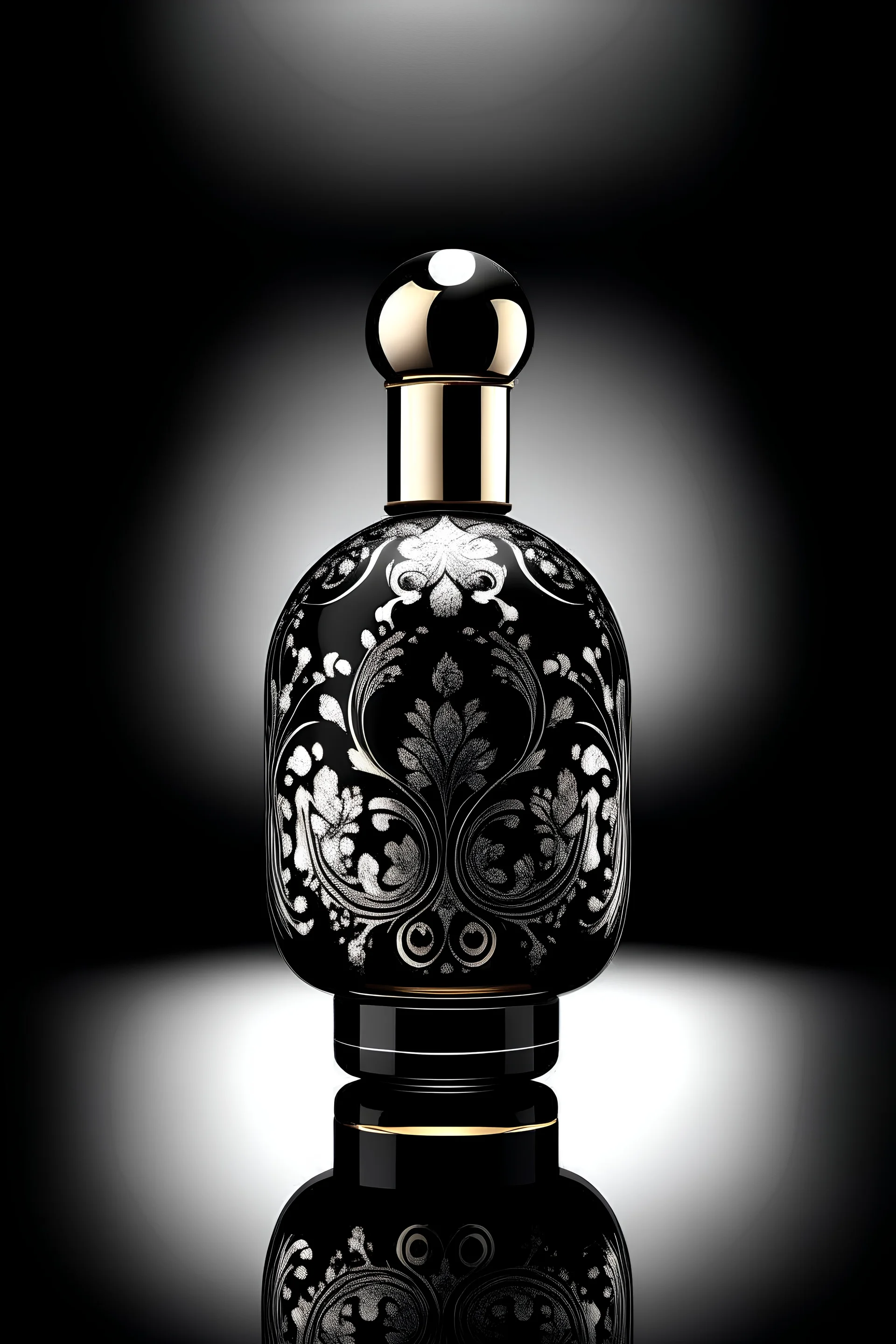 create bottle design for oriental perfume bottle design with ornamental designs. plain coated black bottle with metallic cap