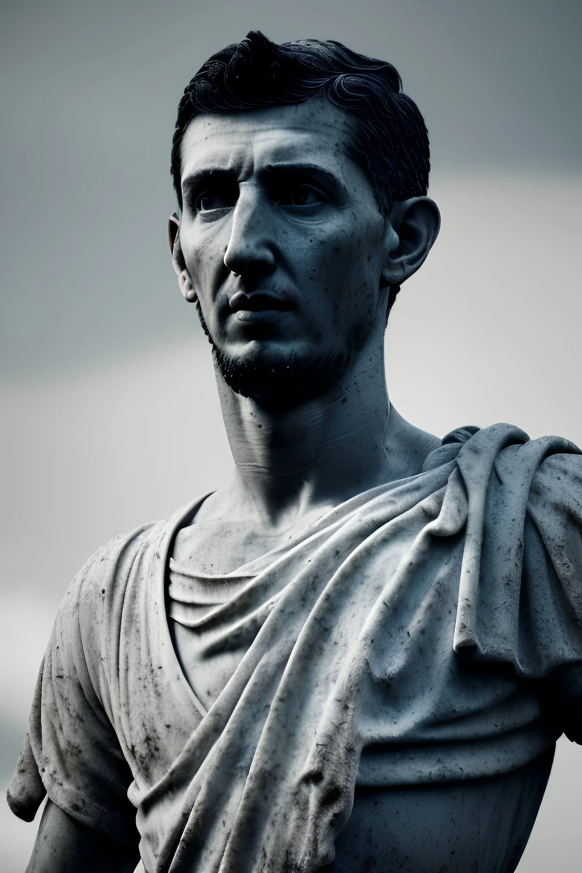 Ultra Realistic image, roman sculpture, deluxe white marble material, Angel di maria soccer player, Renaissance style, miguel angel style, chisel style, emperor, waist up portrait, epic, celestial, cinematic lighting, God light, god rays, 4k resolution, smooth details, ornate details, unreal engine 5, blue sky background.