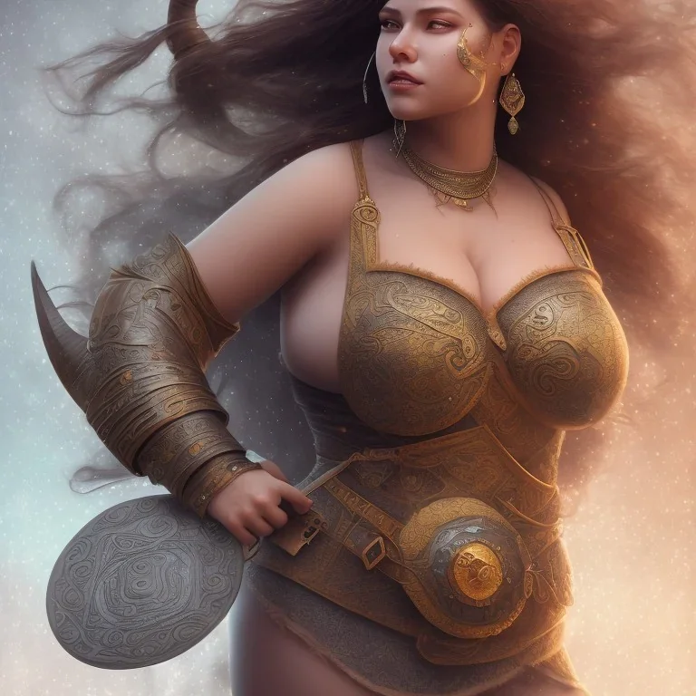 a wonderfull fat brazilian woman, viking fantasy, big curves, voluminous long black hair, ultradetailed fine art photo of a indian, weet face portrait, snow flakes particles, 55 mm lens, fog ratio composition, detailed face, studio photography, very detailed,masterpiece, artstation, 8 k, highly coherent