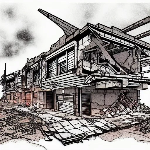 destroyed, post apocalyptic, line Art coloured,