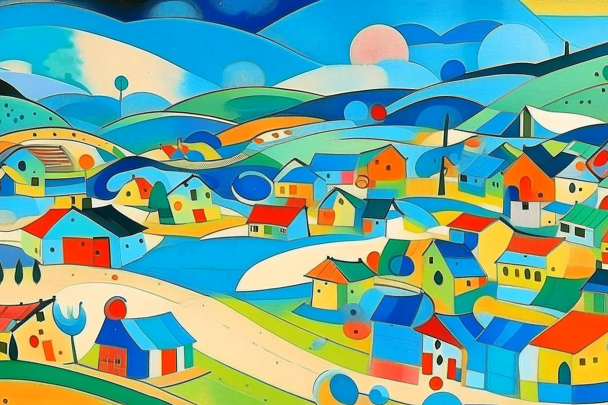 A simple light blue village painted by Wassily Kandinsky