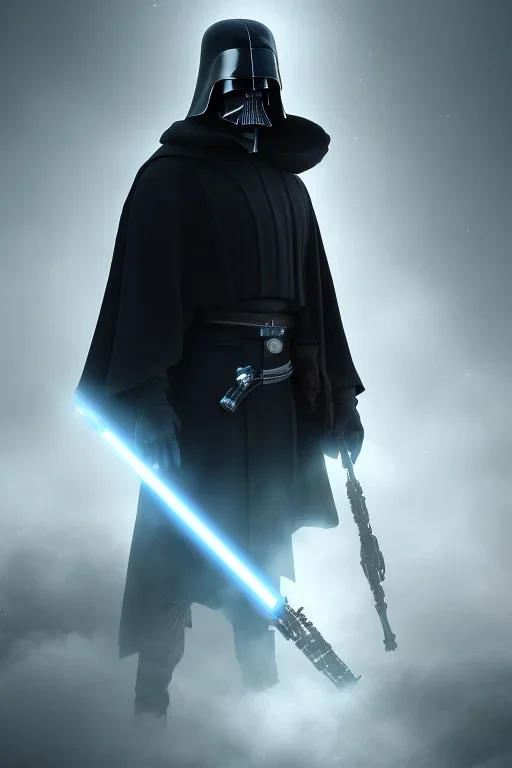 All Black Anakin Skywalker soldier, ghost, wearing high tech mask, white smoke, dark, rage, sorrow, high definition, ultra 8 k, volumetric lighting, blue fire, fog red