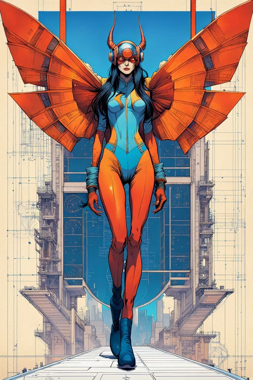 Hand drawn technical,full body portrait illustration , with detailed blueprints and engineering schematics of a walking Atlas moth insect girl, in the comic book art style of BILL SIENKIEWICZ and JEAN GIRAUD MOEBIUS, with highly detailed facial features, drawings, and technical notation, 8k, vibrant natural colors