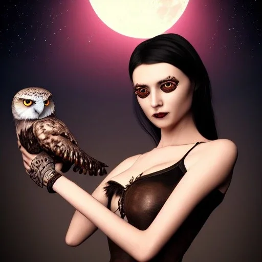 hyper realistic, young cute girl with moon in background, short black hair, holding a owl. black tatoo on arm. dressed a steampunk pirate, bra with carved leather. Salvador dalì style. high details. 4k, unreal engine. at night