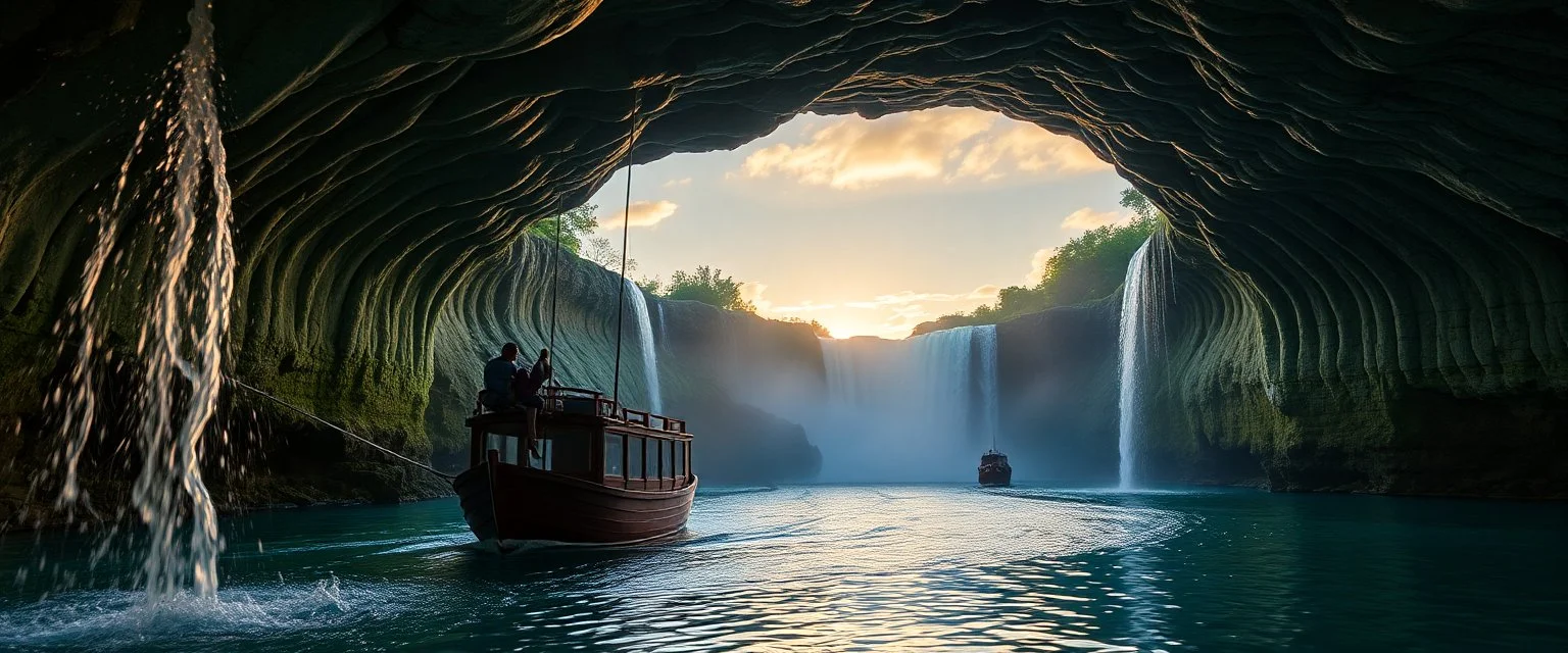aqua-duct with boats in it and waterfalls, at sunset
