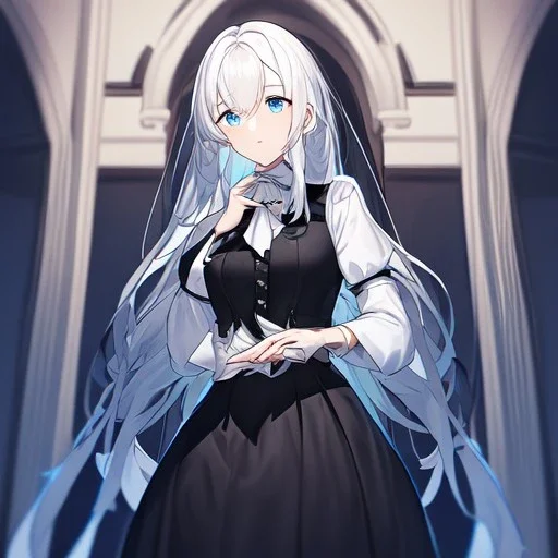 Clear focus, High resolution, Rough line, black medium length hair, long locks, sighing, hand on chin, wearing a black vest with a white tie, wearing a black skirt that connects to the black vest, white cut sleeves, black frills near shoulder, blue eyes