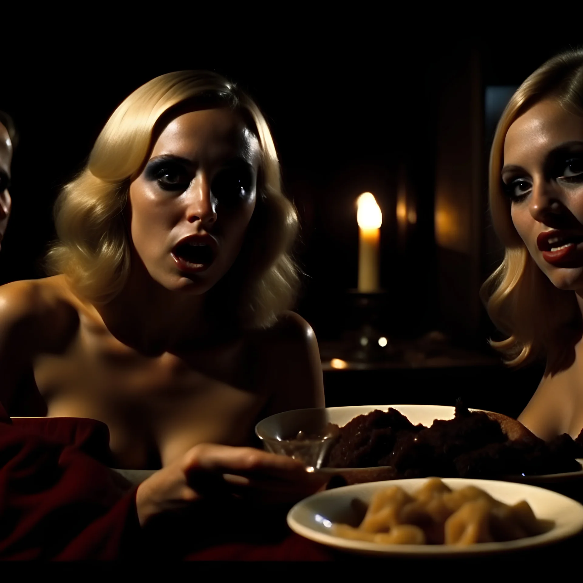 Horror movie shot, spooky, hot, ultra realistic, dine, horns, ultra realistic hot blonde women, party, pieces of meat, organs, ail, dynamic, very excited people, hypermaximalist figures, light, 1970's Italian horror movie, sinister,, Dario Argento, Stanley Kubrik, ornate, 4k, photorealism