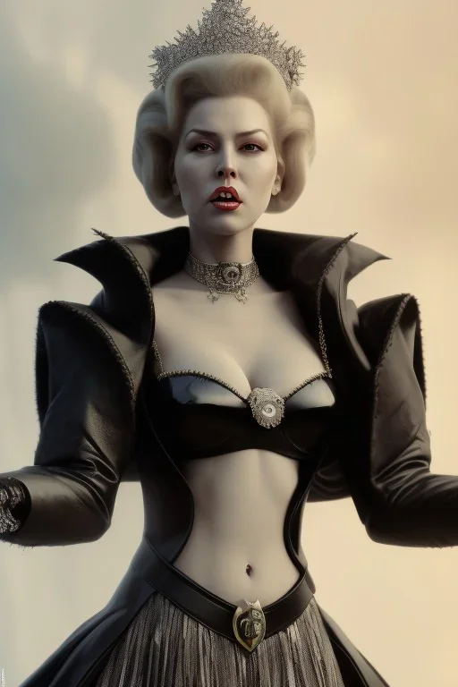 Lana Turner as evil queen in black leather, leather, busty, cleavage, angry, stern look. character design by cory loftis, fenghua zhong, ryohei hase, ismail inceoglu and ruan jia. unreal engine 5, artistic lighting, highly detailed, photorealistic, fantasy