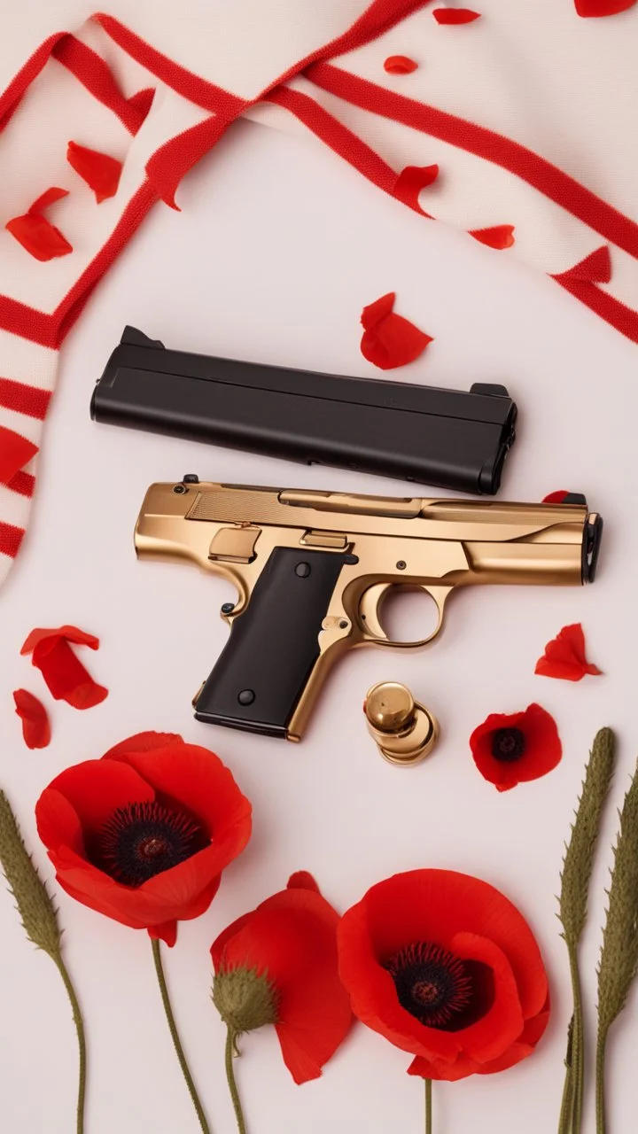 Two gold pistols and a red notebook on a white scarf. A bed of red poppies. Close-up from above.cinematic