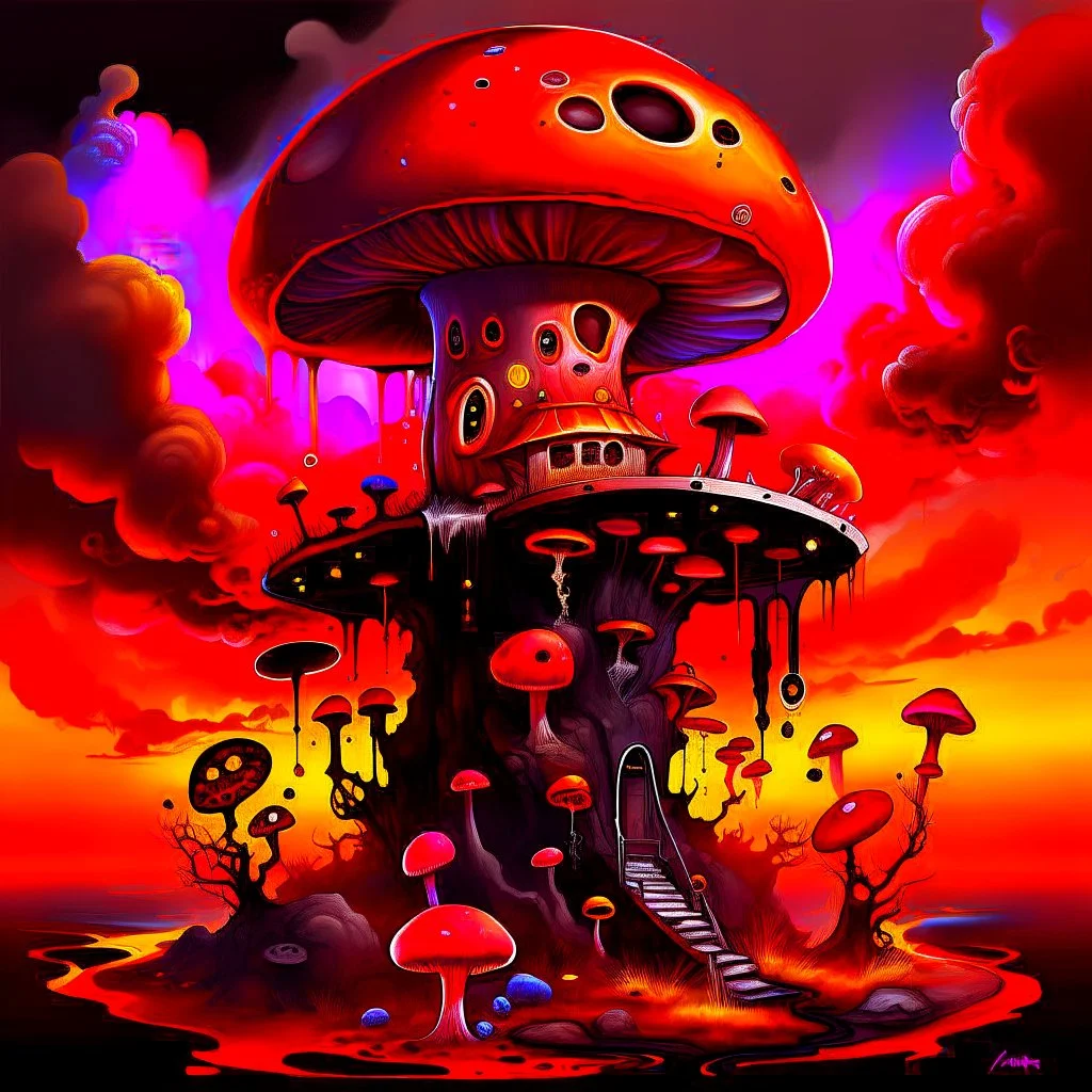 A fantabulous black, orange, and red (((mushroom tower house))) erected atop a (geologic pillar), surrounded by the uncanny imaginative ((( swirling skies))), offset by the stark hues of a (neon-tinged nebulous space scape), within. captured by the hand a skilled master painter with a focus on (softly blurred compositions and voluminous lighting).