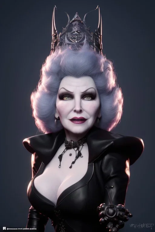 Mae West as evil queen in black leather, leather, busty, cleavage, angry, stern look. character design by cory loftis, fenghua zhong, ryohei hase, ismail inceoglu and ruan jia. unreal engine 5, artistic lighting, highly detailed, photorealistic, fantasy