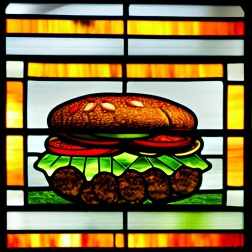 a hamburger rendered in stained glass