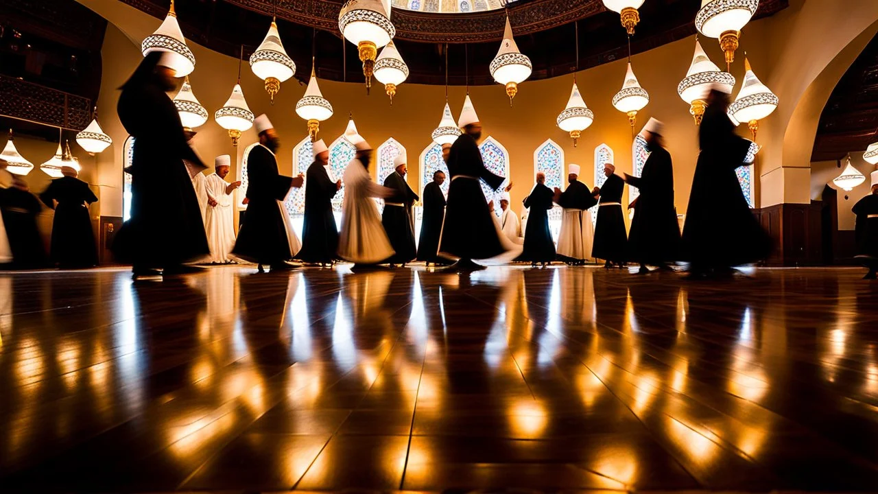 Epic wide-angle photograph of the Sema ceremony at night inside the majestic Mevlana Museum in Konya, Turkey. Multiple Whirling Dervishes in flowing white robes (tennure) and brown felt hats (sikke) are spinning gracefully across the polished floor. The lighting is dramatic and ethereal, with golden light from traditional lamps illuminating the swirling figures and creating a sense of divine ecstasy. The atmosphere is deeply spiritual, transcendent, and peaceful, honoring the memory of Jelaluddi