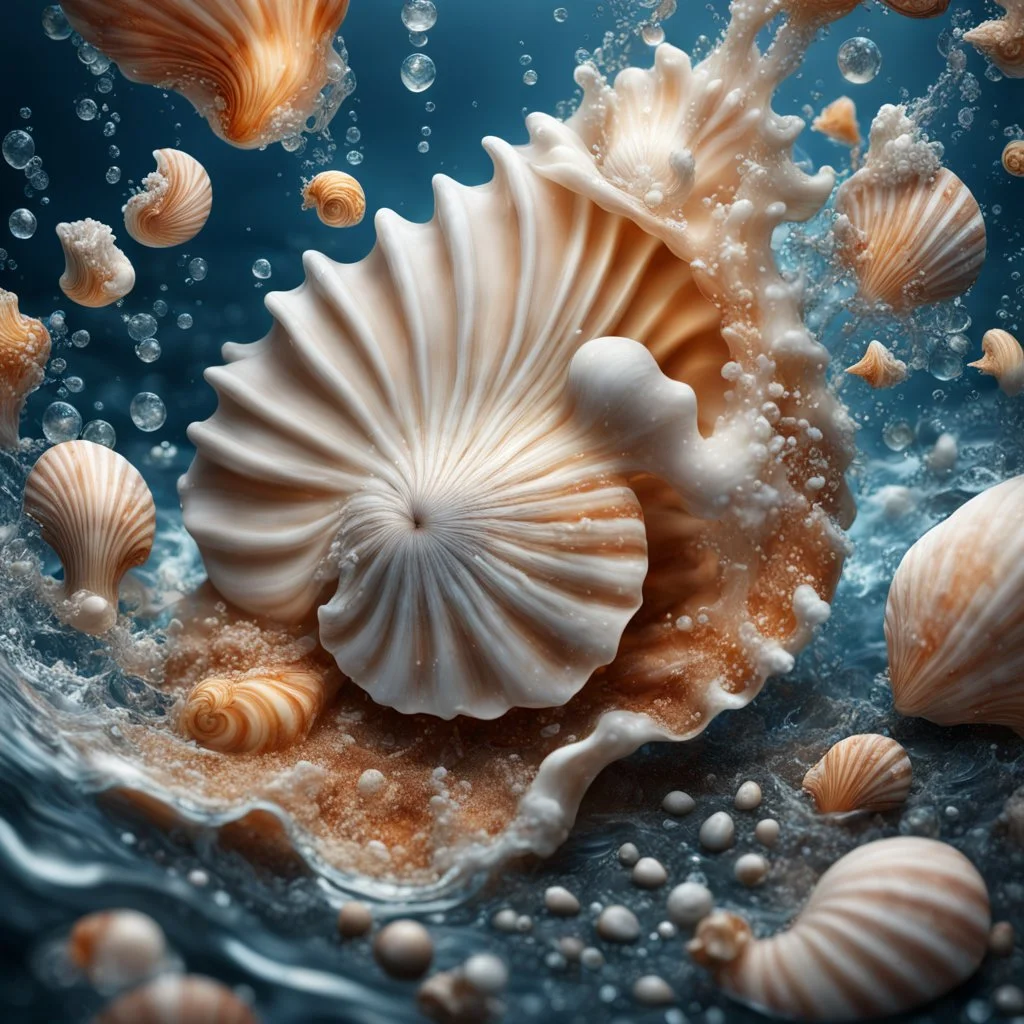 Magical Fantastic seashells, Liquid Structure, Flying seashells, Splash, Portrait Photography, Fantasy Background, Intricate Patterns, Ultra Detailed, Luminous, Radiance, beautiful, Ultra Realism, Complex Details, Intricate Details, 16k, HDR, High Quality, Trending On Artstation, Sharp Focus, Studio Photo, Intricate Details, Highly Detailed